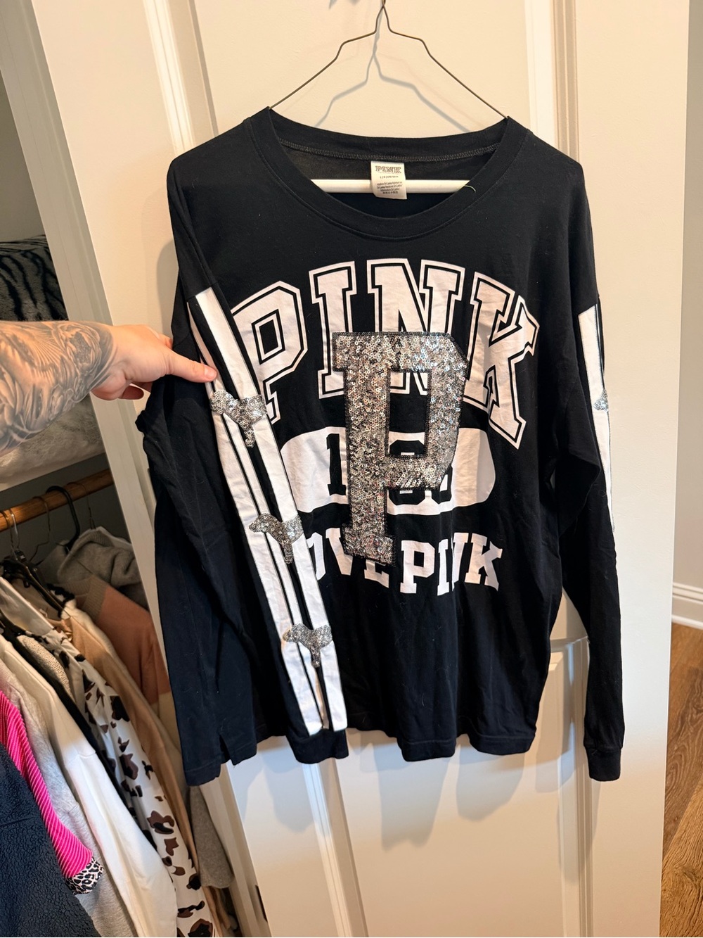 PINK Victoria's Secret Black Long Sleeve Sequin Logo Tee